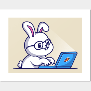 Cute Rabbit Working On Laptop Cartoon Posters and Art